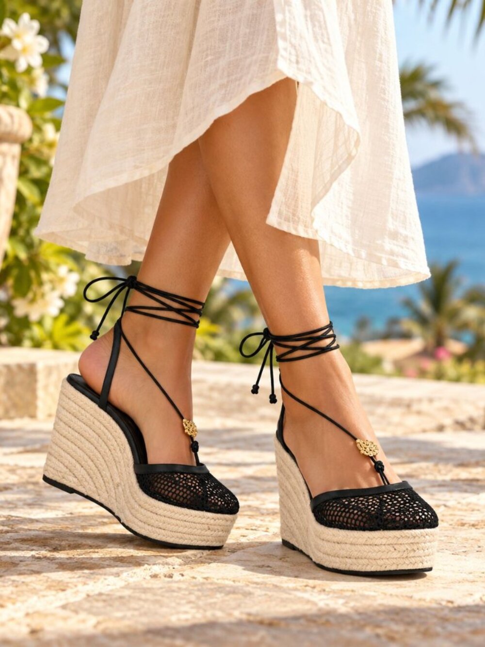 Farm Rio Sea Black Lace Up Espadrille Wedges Size 6 Boho Coastal Resort
